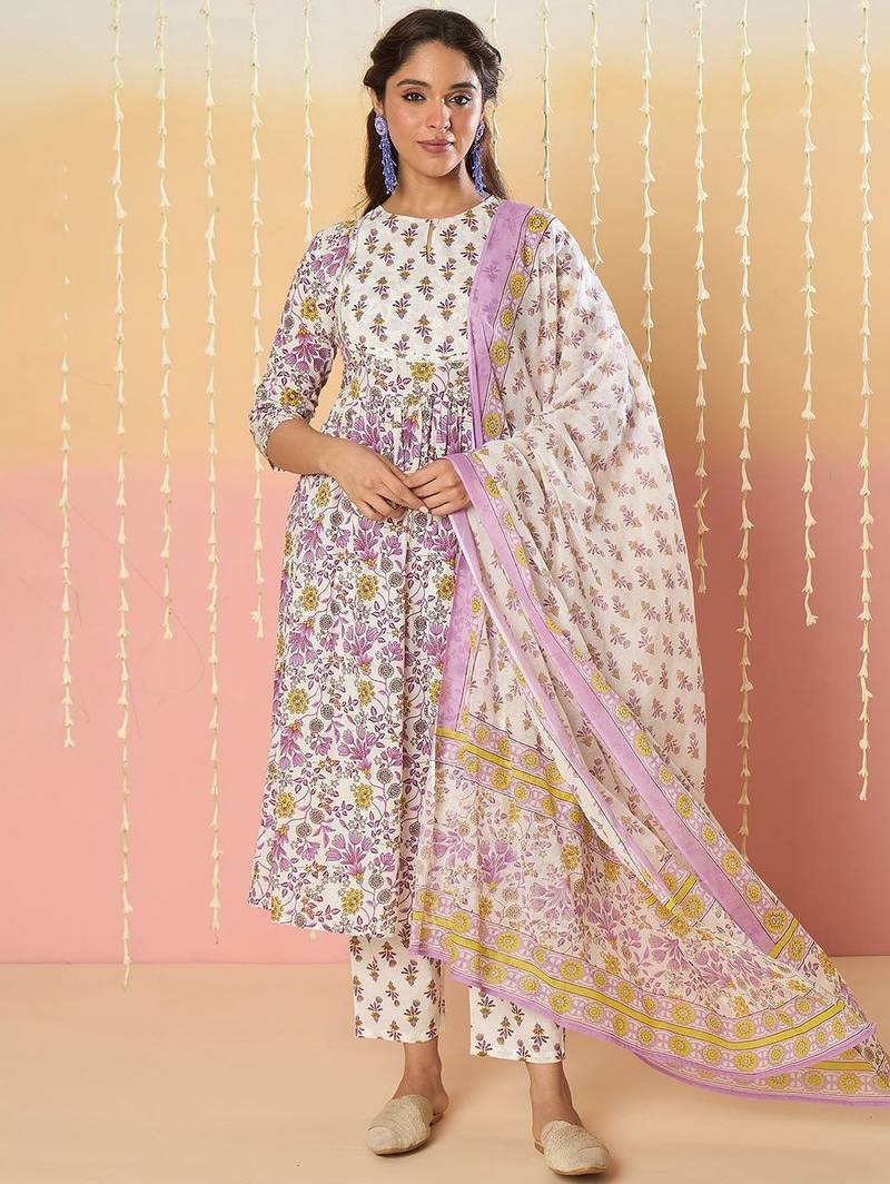 Floral Printed Key Hole Neck Pure Cotton Kurta With Trousers & Dupatta