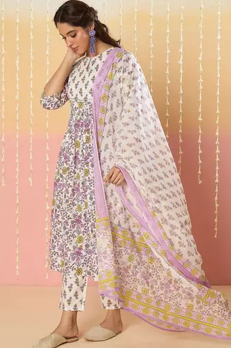 Floral Printed Key Hole Neck Pure Cotton Kurta With Trousers & Dupatta
