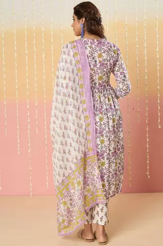 Floral Printed Key Hole Neck Pure Cotton Kurta With Trousers & Dupatta