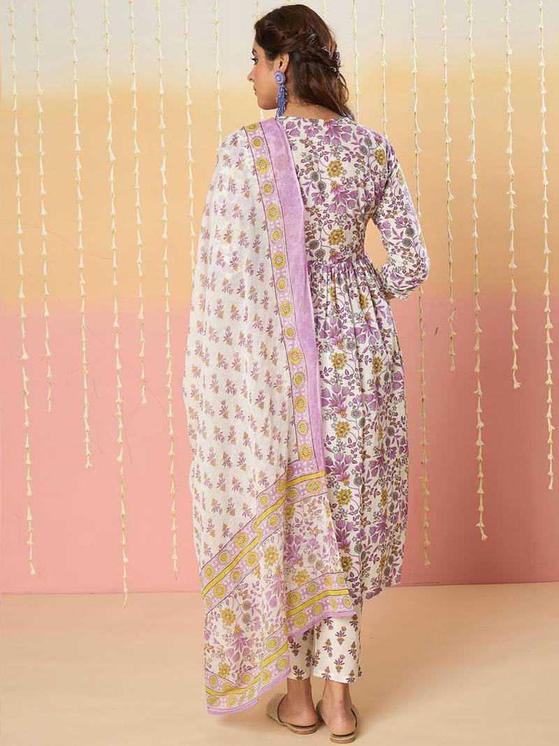 Floral Printed Key Hole Neck Pure Cotton Kurta With Trousers & Dupatta