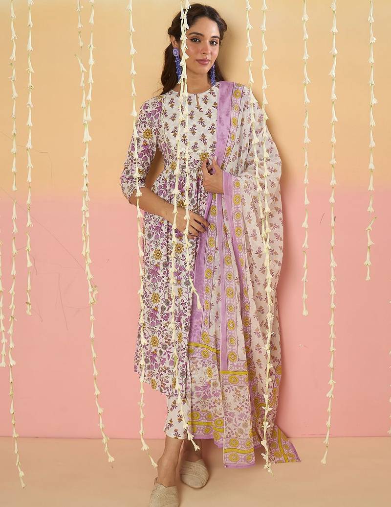 Floral Printed Key Hole Neck Pure Cotton Kurta With Trousers & Dupatta