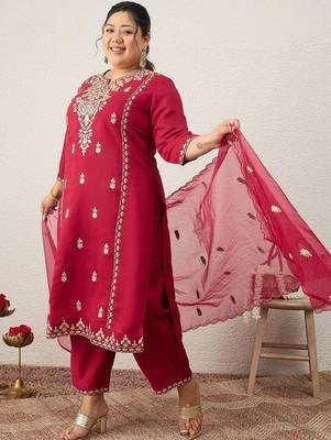 Plus Size Ethnic Motifs Embroidered Regular Kurta with Trousers & With Dupatta 1