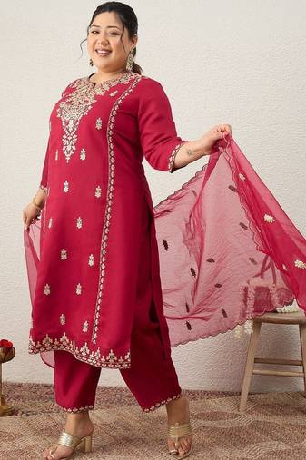 Plus Size Ethnic Motifs Embroidered Regular Kurta with Trousers & With Dupatta