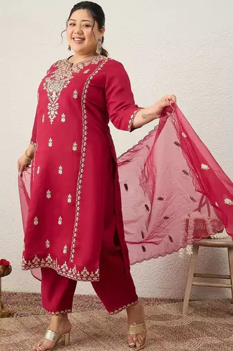 Plus Size Ethnic Motifs Embroidered Regular Kurta with Trousers & With Dupatta