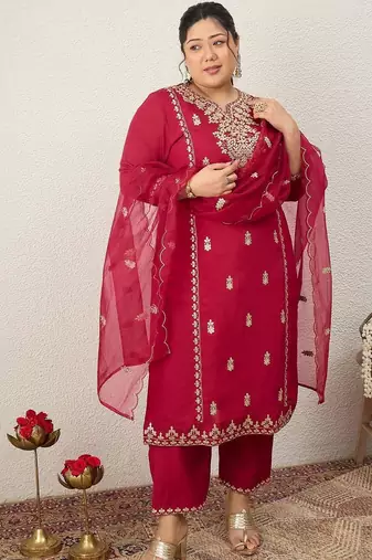Plus Size Ethnic Motifs Embroidered Regular Kurta with Trousers & With Dupatta