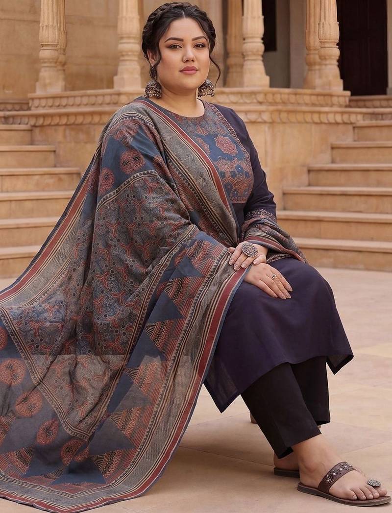 Plus Size Black Printed Straight Kurta Trousers With Dupatta Set