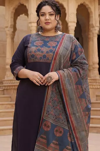Plus Size Black Printed Straight Kurta Trousers With Dupatta Set