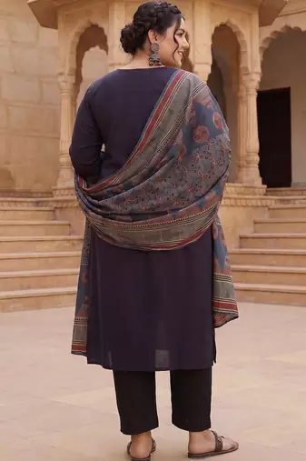 Plus Size Black Printed Straight Kurta Trousers With Dupatta Set