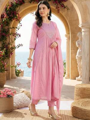 Women Panelled Mirror Work Pure Cotton Kurta with Trousers & With Dupatta 2