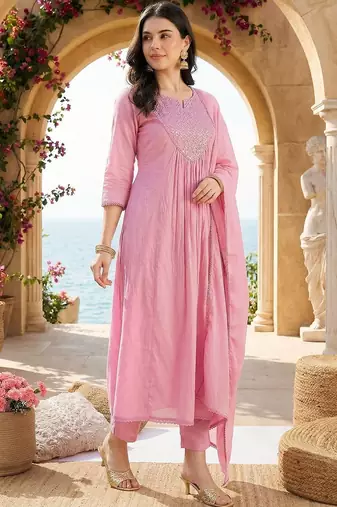 Women Panelled Mirror Work Pure Cotton Kurta with Trousers & With Dupatta
