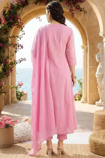 Women Panelled Mirror Work Pure Cotton Kurta with Trousers & With Dupatta