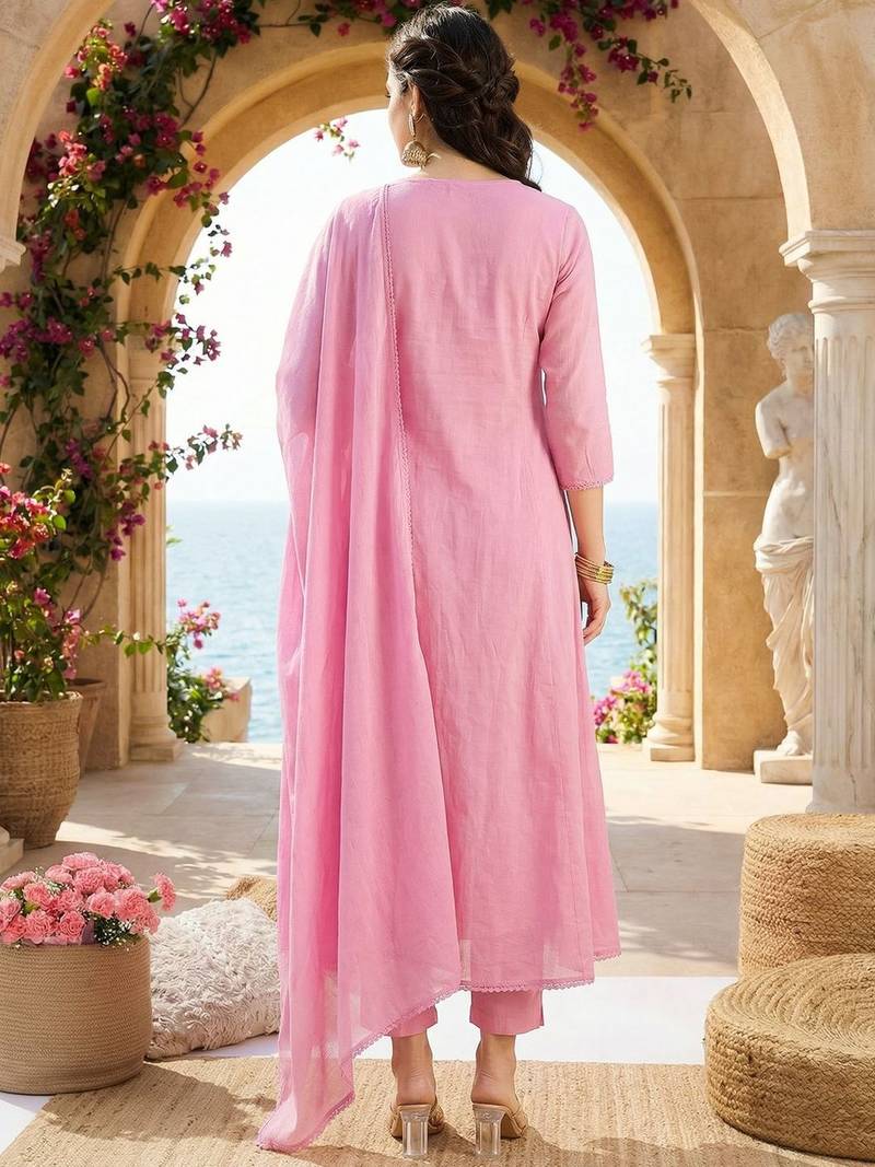 Women Panelled Mirror Work Pure Cotton Kurta with Trousers & With Dupatta
