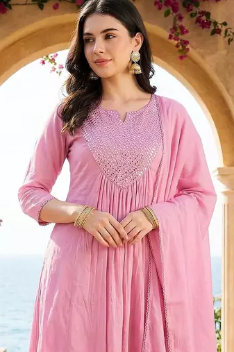 Women Panelled Mirror Work Pure Cotton Kurta with Trousers & With Dupatta