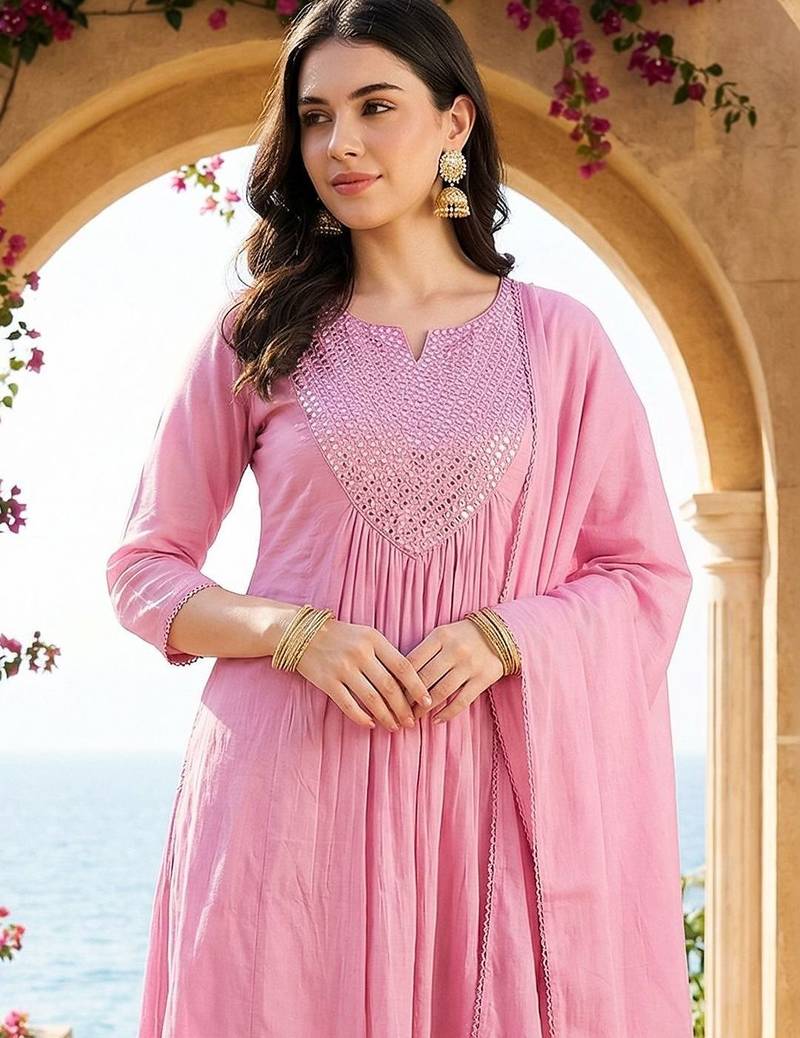 Women Panelled Mirror Work Pure Cotton Kurta with Trousers & With Dupatta