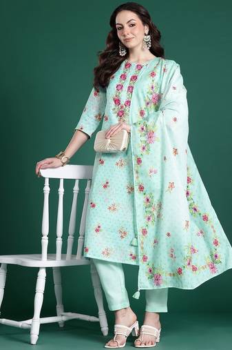 Floral Embroidered Thread Work Linen Kurta with Trousers & With Dupatta