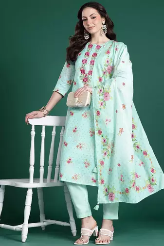 Floral Embroidered Thread Work Linen Kurta with Trousers & With Dupatta
