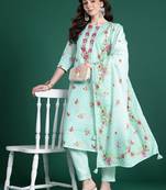 Floral Embroidered Thread Work Linen Kurta with Trousers & With Dupatta