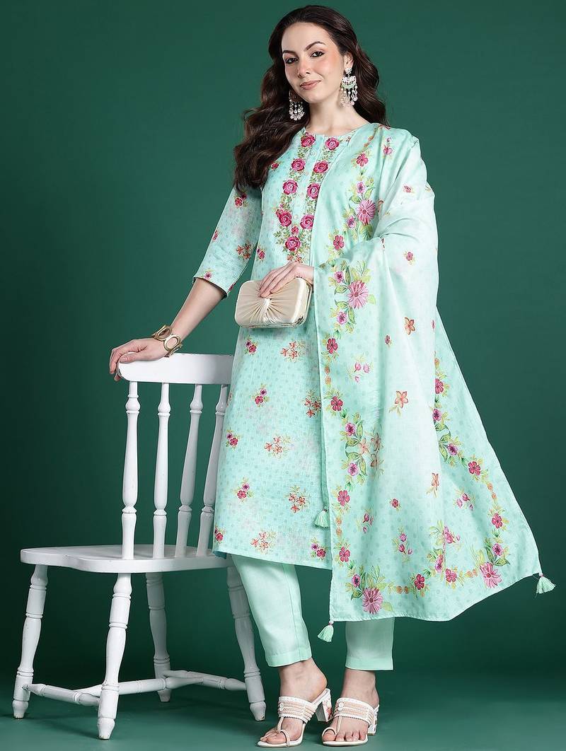 Floral Embroidered Thread Work Linen Kurta with Trousers & With Dupatta