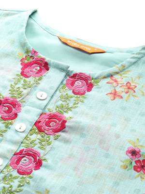 Floral Embroidered Thread Work Linen Kurta with Trousers & With Dupatta 2