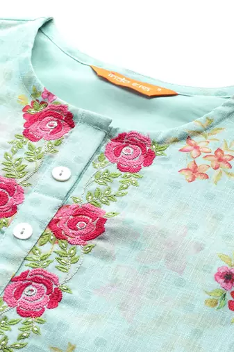 Floral Embroidered Thread Work Linen Kurta with Trousers & With Dupatta
