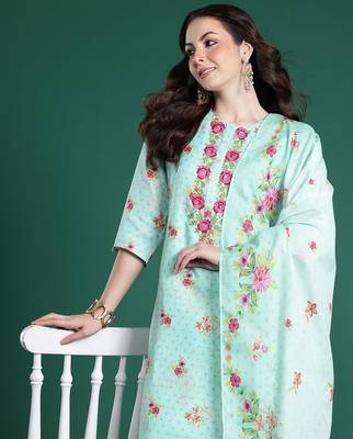 Floral Embroidered Thread Work Linen Kurta with Trousers & With Dupatta 5
