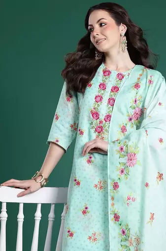 Floral Embroidered Thread Work Linen Kurta with Trousers & With Dupatta