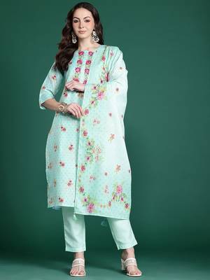 Floral Embroidered Thread Work Linen Kurta with Trousers & With Dupatta 6