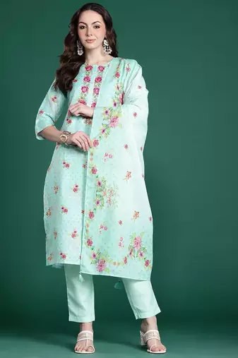 Floral Embroidered Thread Work Linen Kurta with Trousers & With Dupatta