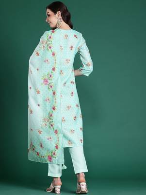 Floral Embroidered Thread Work Linen Kurta with Trousers & With Dupatta 8
