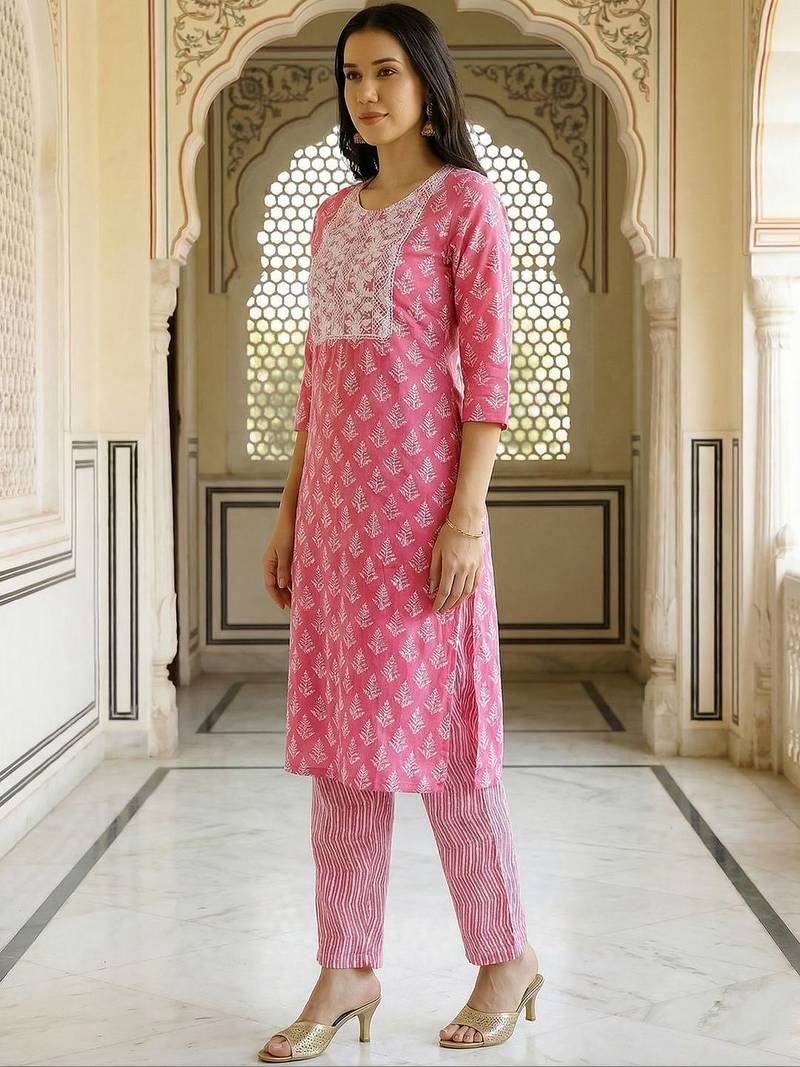 Women Ethnic Motifs Printed Regular Thread Work Kurta with Trousers