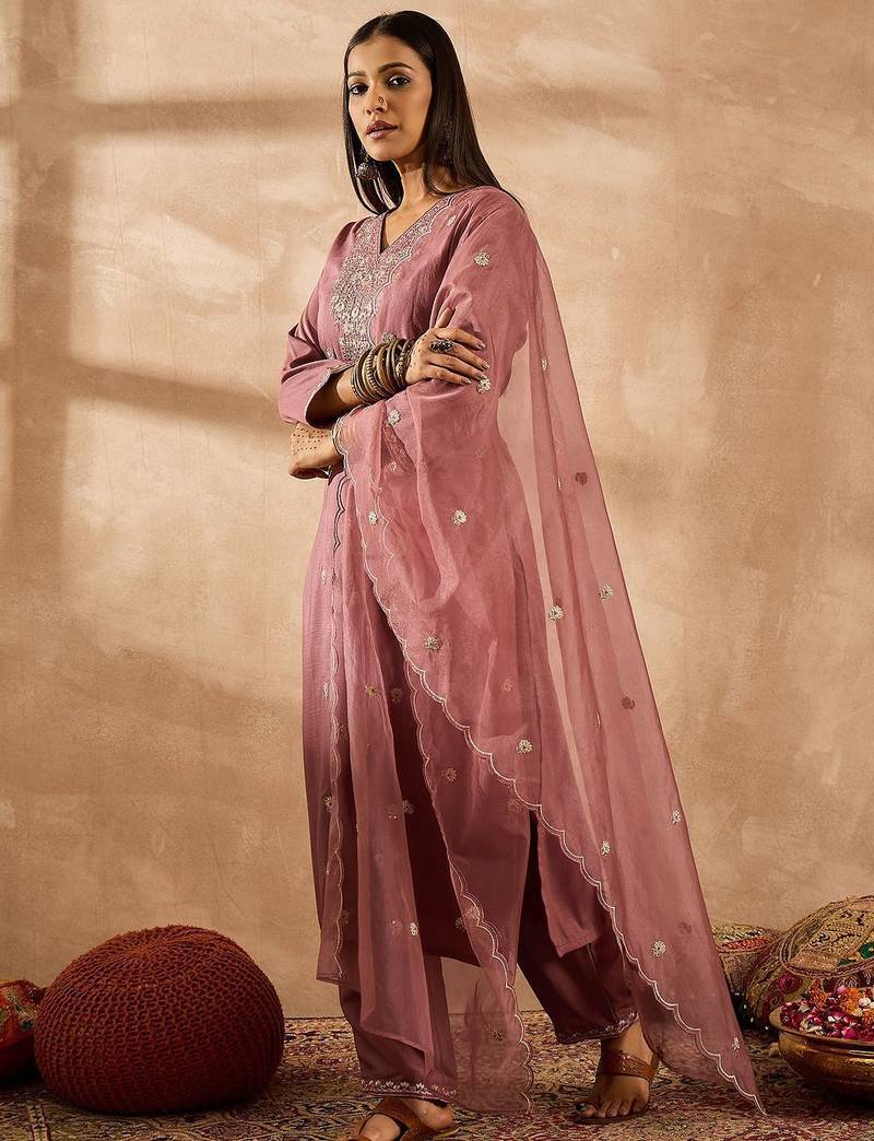 Women Ethnic Motifs Embroidered Regular Sequinned Kurta with Trousers & With Dupatta