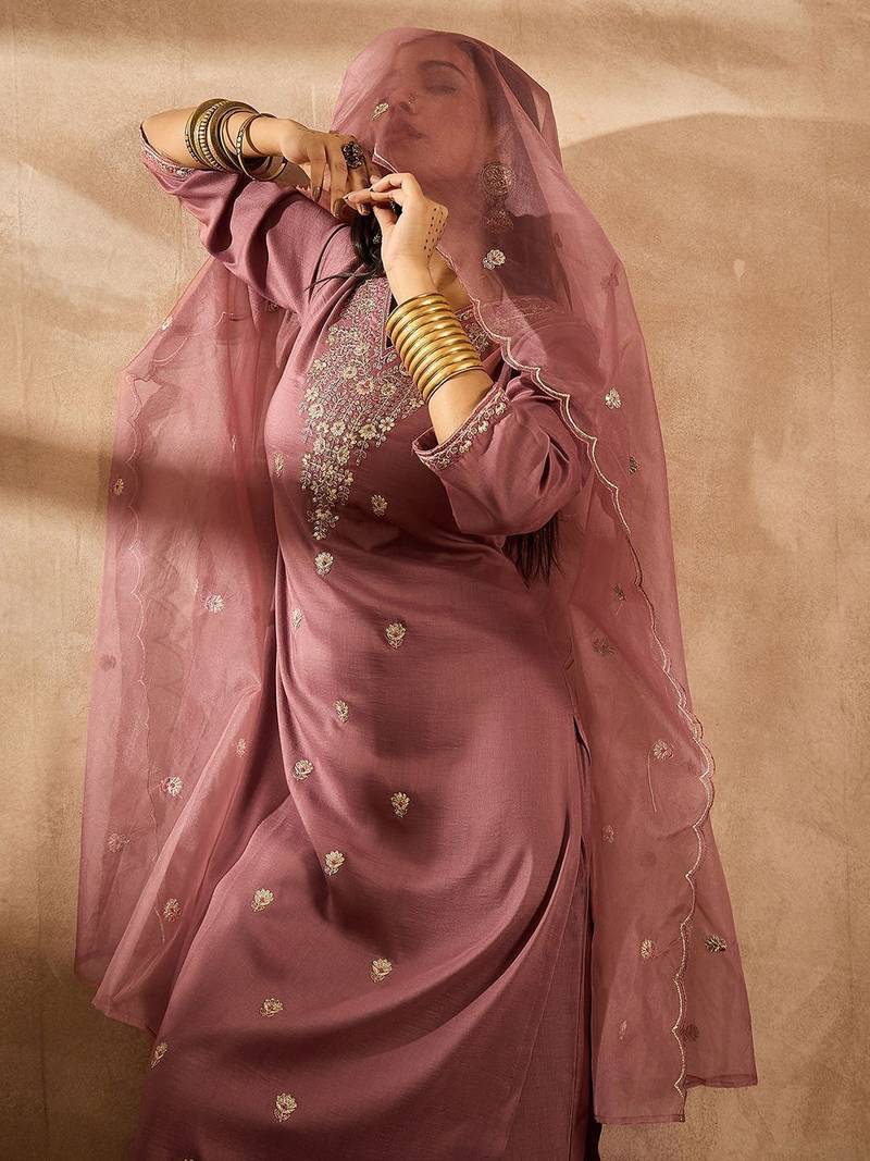 Women Ethnic Motifs Embroidered Regular Sequinned Kurta with Trousers & With Dupatta