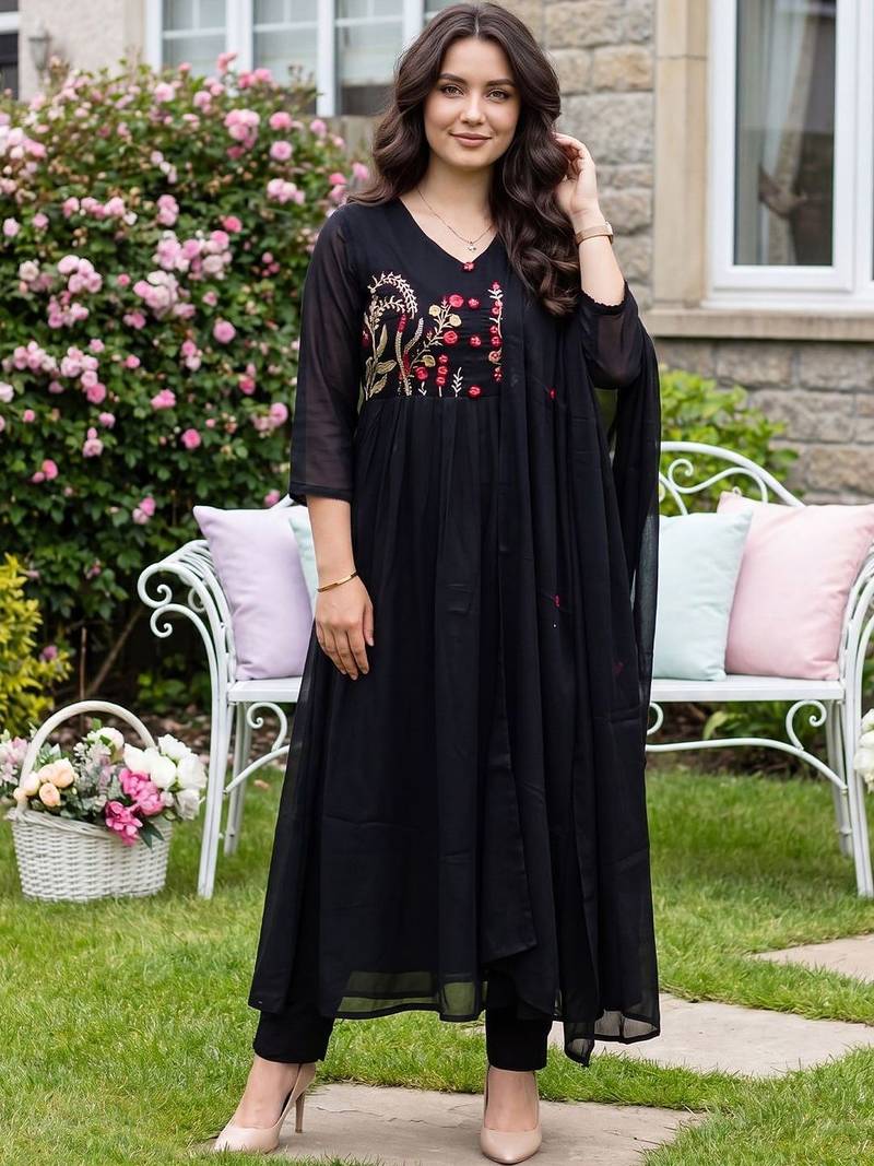 Women Ethnic Motifs Embroidered Empire Thread Work Pure Cotton Kurta with Trousers & With Dupatta