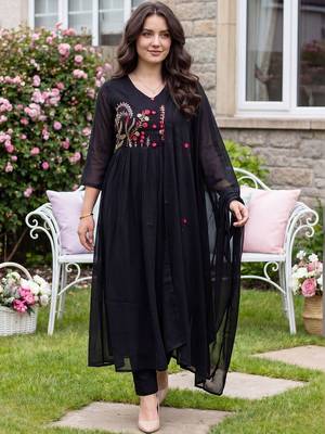 Women Ethnic Motifs Embroidered Empire Thread Work Pure Cotton Kurta with Trousers & With Dupatta 5