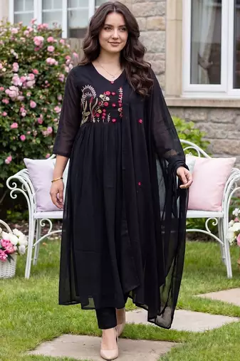 Women Ethnic Motifs Embroidered Empire Thread Work Pure Cotton Kurta with Trousers & With Dupatta