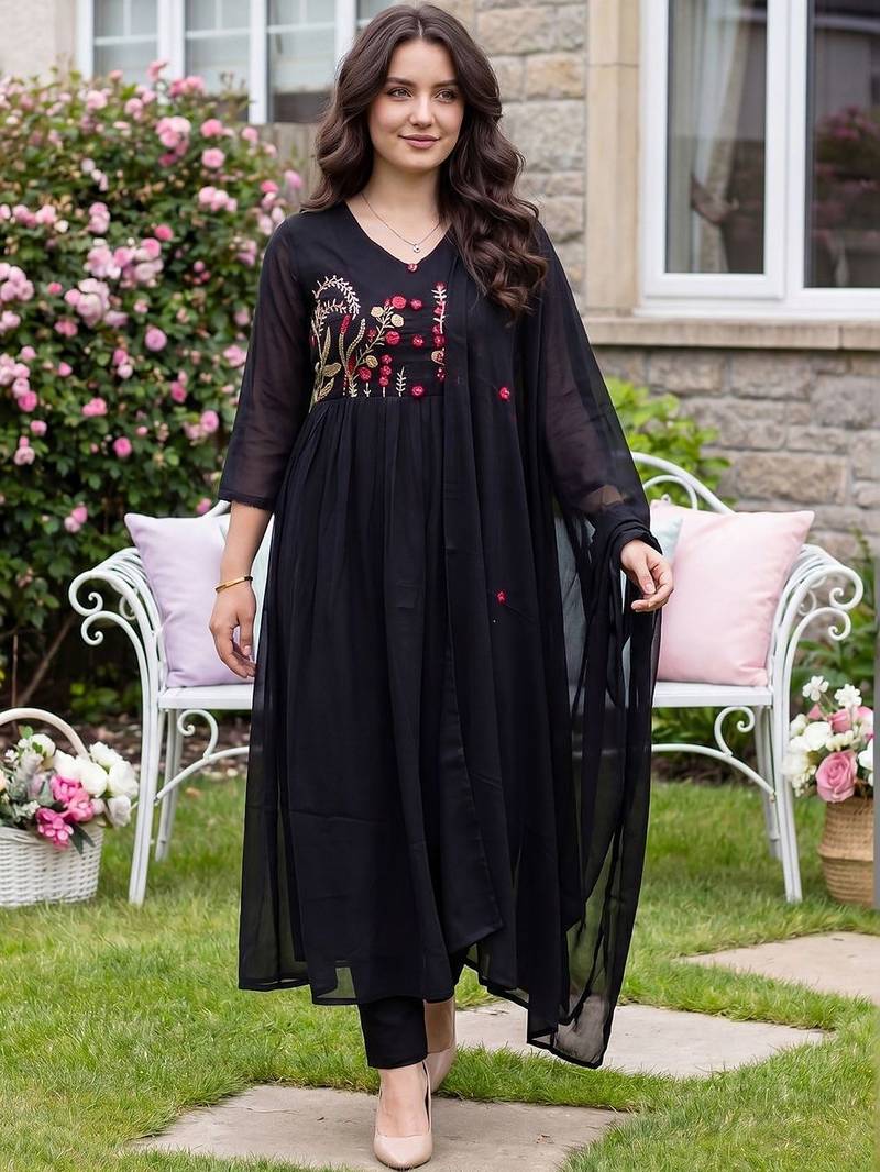 Women Ethnic Motifs Embroidered Empire Thread Work Pure Cotton Kurta with Trousers & With Dupatta