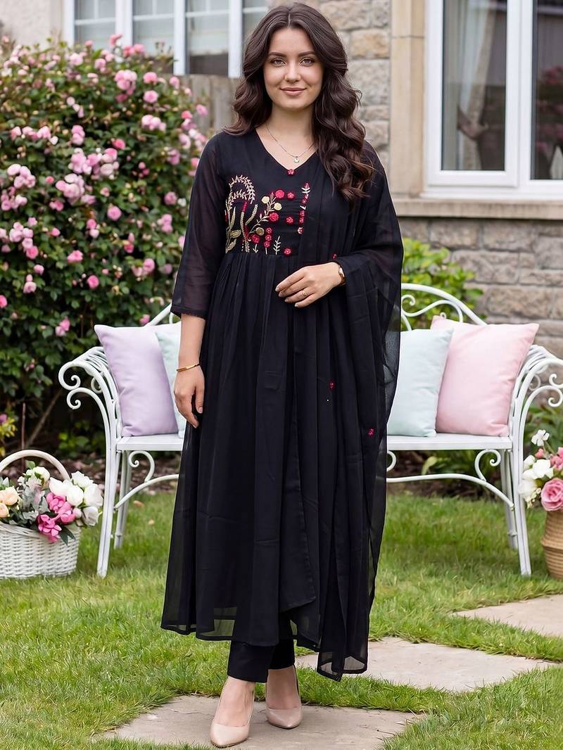 Women Ethnic Motifs Embroidered Empire Thread Work Pure Cotton Kurta with Trousers & With Dupatta