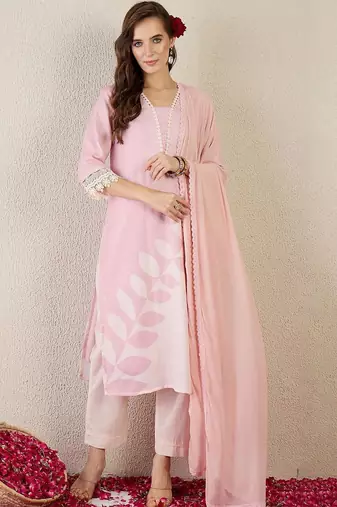 Women Floral Printed Linen Kurta with Trousers & Dupatta