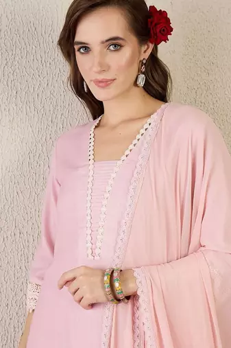 Women Floral Printed Linen Kurta with Trousers & Dupatta