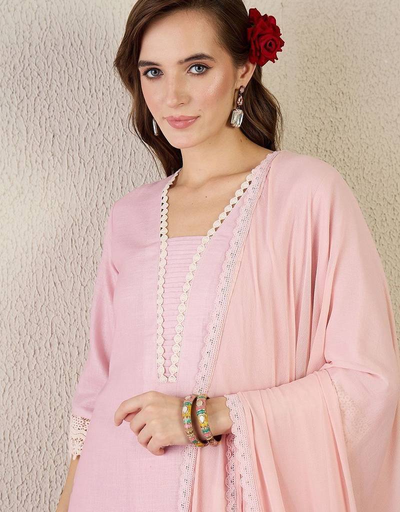 Women Floral Printed Linen Kurta with Trousers & Dupatta