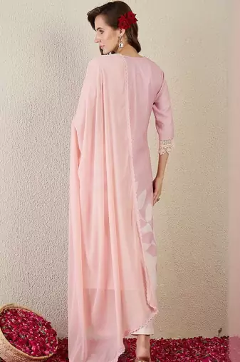 Women Floral Printed Linen Kurta with Trousers & Dupatta