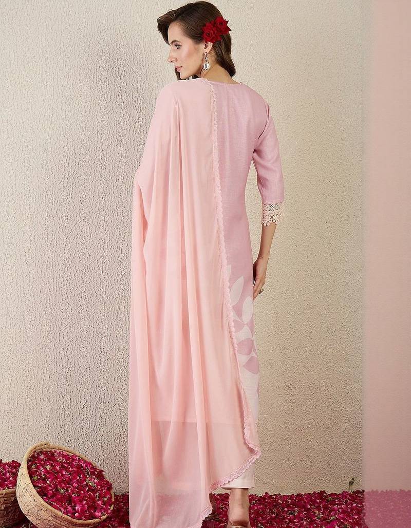 Women Floral Printed Linen Kurta with Trousers & Dupatta