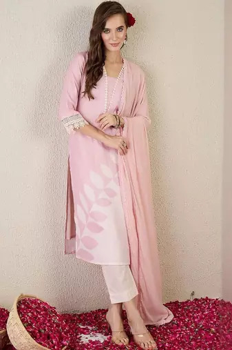 Women Floral Printed Linen Kurta with Trousers & Dupatta