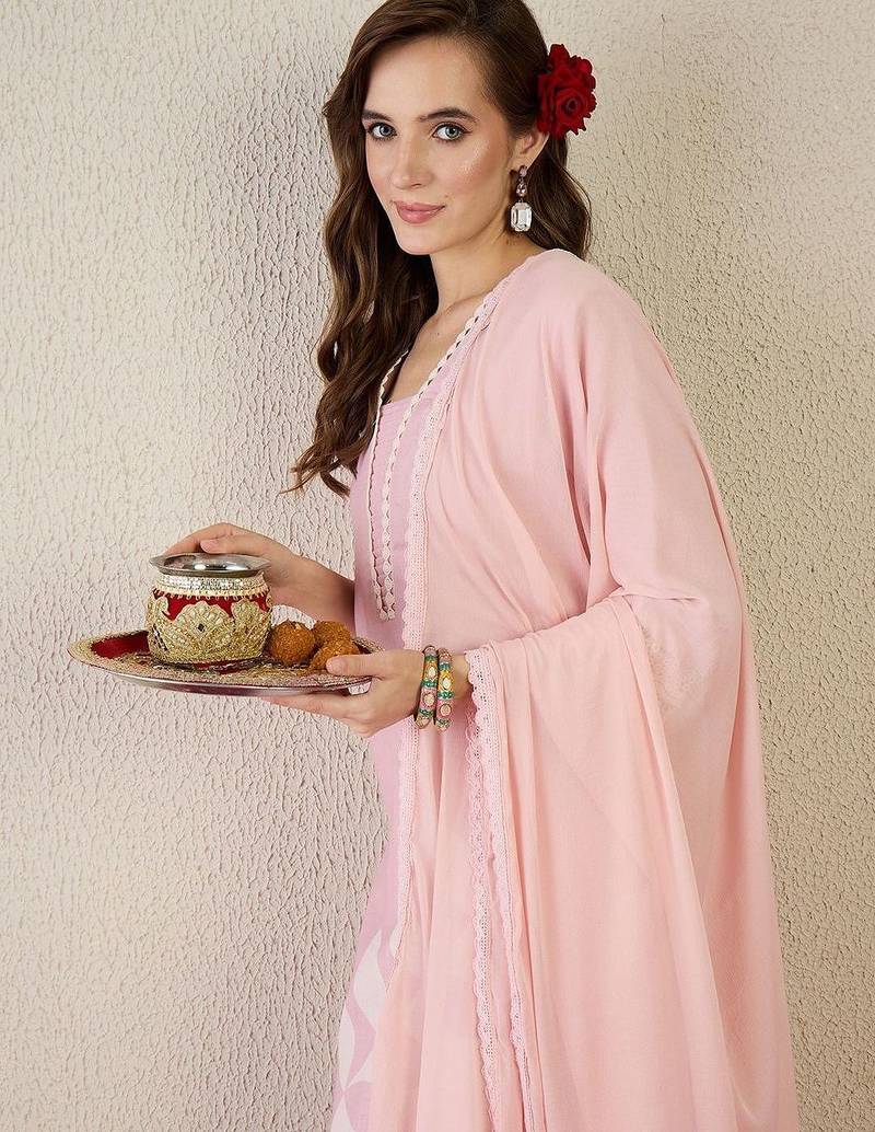 Women Floral Printed Linen Kurta with Trousers & Dupatta