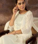 Embroidered Mirror Work Pure Cotton Straight Kurta With Trousers & Dupatta