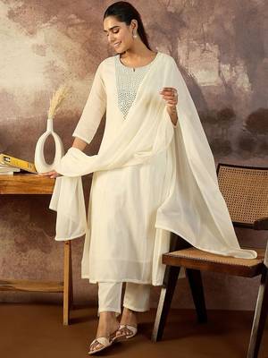 Embroidered Mirror Work Pure Cotton Straight Kurta With Trousers & Dupatta 2