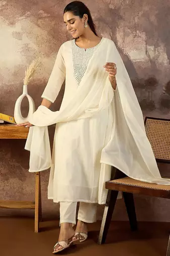 Embroidered Mirror Work Pure Cotton Straight Kurta With Trousers & Dupatta