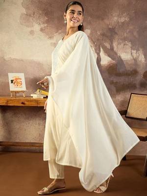 Embroidered Mirror Work Pure Cotton Straight Kurta With Trousers & Dupatta 3