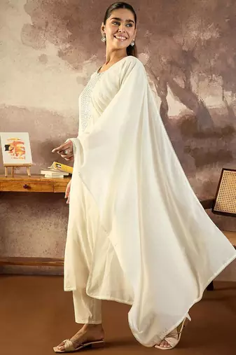 Embroidered Mirror Work Pure Cotton Straight Kurta With Trousers & Dupatta