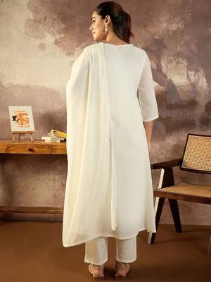 Embroidered Mirror Work Pure Cotton Straight Kurta With Trousers & Dupatta 4